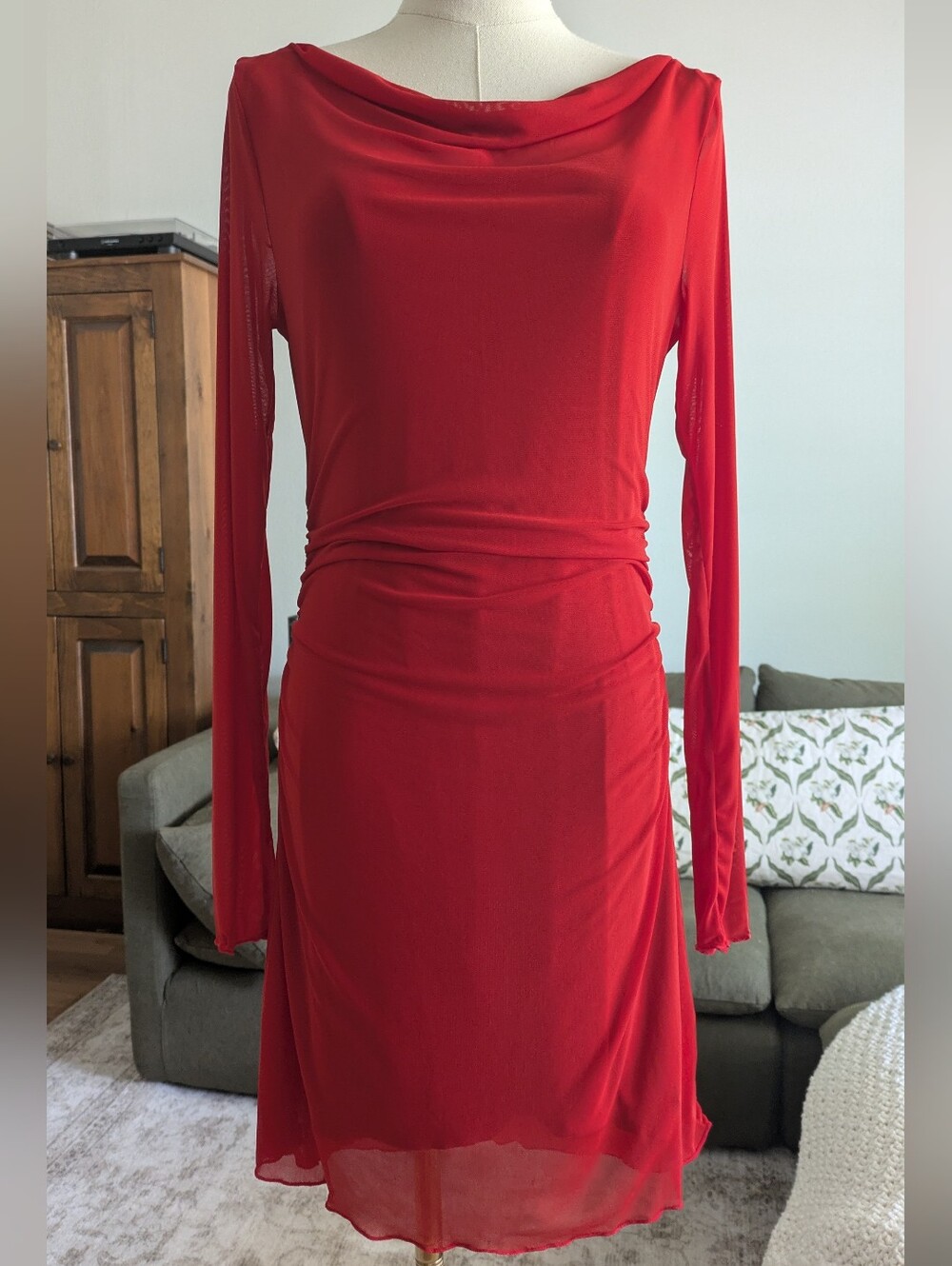 Reformation Reece Mesh Long-Sleeve Ruched Mini Dress - Red - Picture 2 of 6